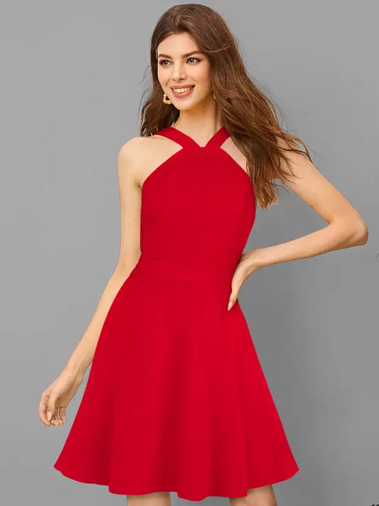 Radiant Red Halter Neck Flared Dress – Perfect for Parties & Special Occasions