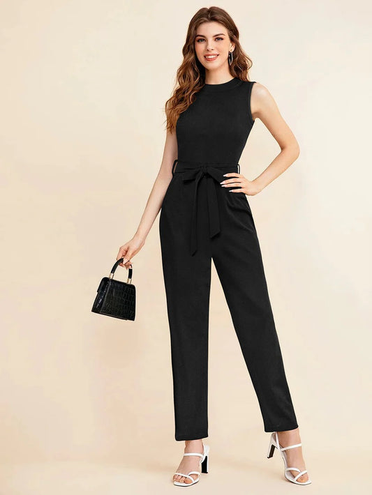 Elegant Black Sleeveless Jumpsuit with Belted Waist - Premium Knit Fabric