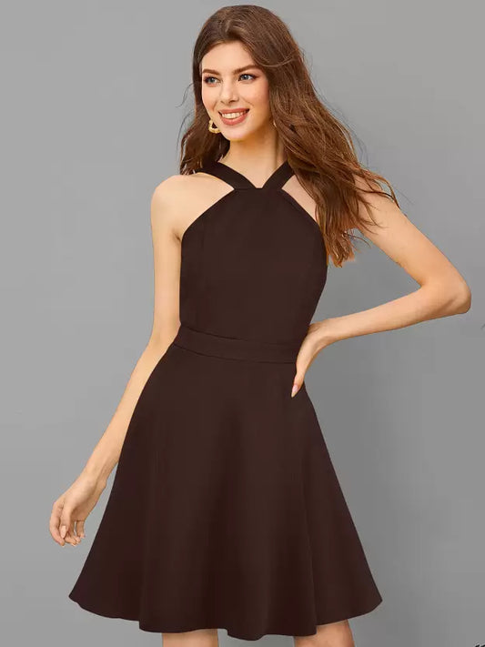 Radiant Brown Halter Neck Flared Dress – Perfect for Parties & Special Occasions