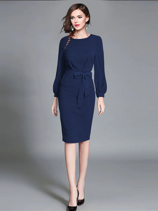 Elegant Navy Blue Bodycon Dress with Belt – Long Sleeve Knit Dress for Women