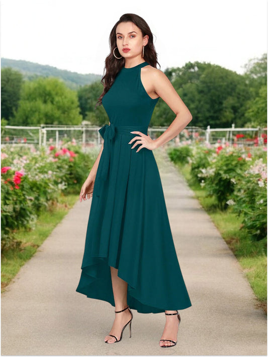 Elegant Teal High-Low Halter Neck Dress with Waist Tie