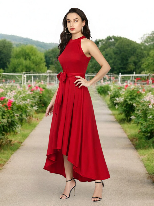 Elegant Red High-Low Halter Neck Dress with Waist Tie