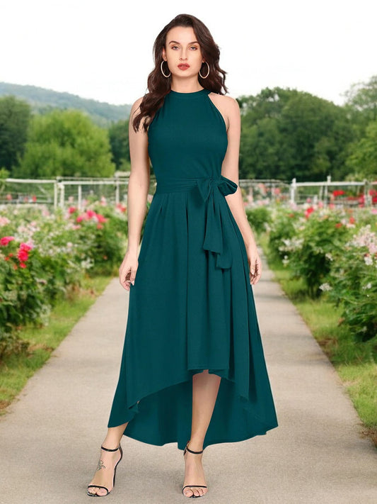 Elegant Teal High-Low Halter Neck Dress with Waist Tie