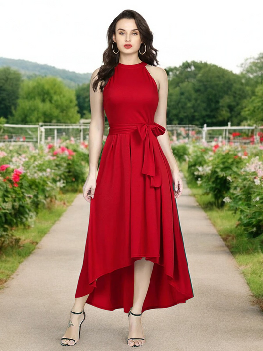 Elegant Red High-Low Halter Neck Dress with Waist Tie