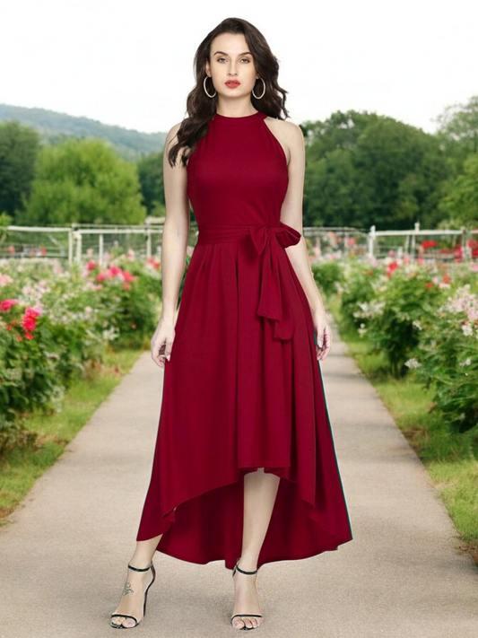 Elegant Maroon High-Low Halter Neck Dress with Waist Tie