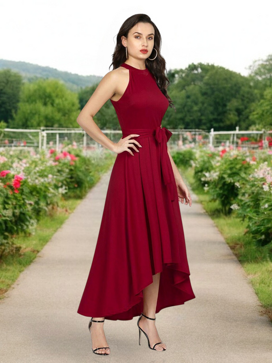 Elegant Maroon High-Low Halter Neck Dress with Waist Tie