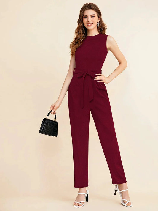 Elegant Maroon Sleeveless Jumpsuit with Belted Waist - Premium Knit Fabric