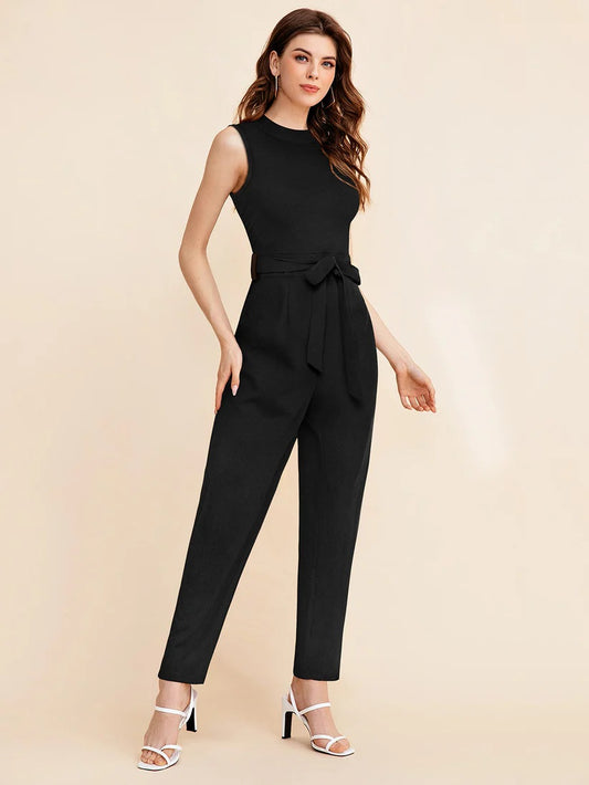 Elegant Black Sleeveless Jumpsuit with Belted Waist - Premium Knit Fabric