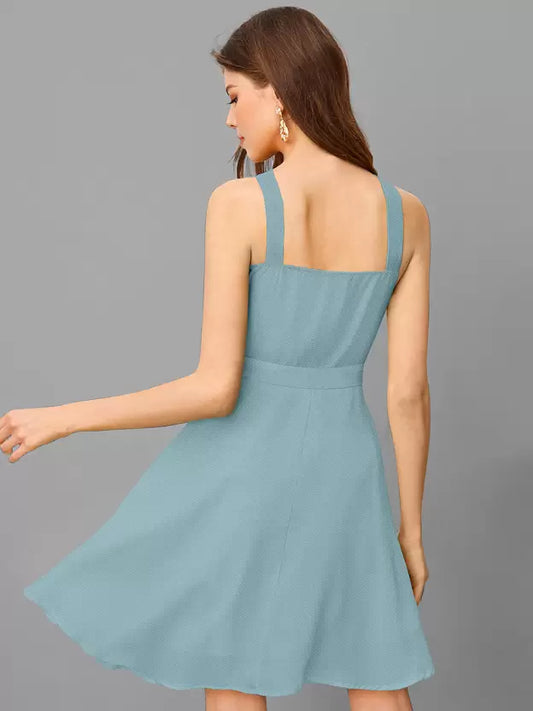 Radiant Sky Blue Halter Neck Flared Dress – Perfect for Parties & Special Occasions