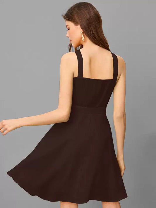 Radiant Brown Halter Neck Flared Dress – Perfect for Parties & Special Occasions