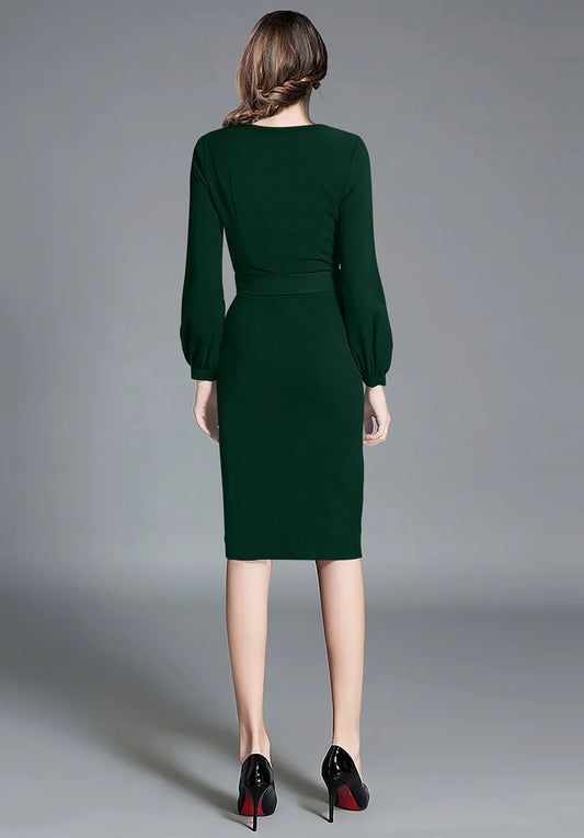 Elegant Green Bodycon Dress with Belt – Long Sleeve Knit Dress for Women