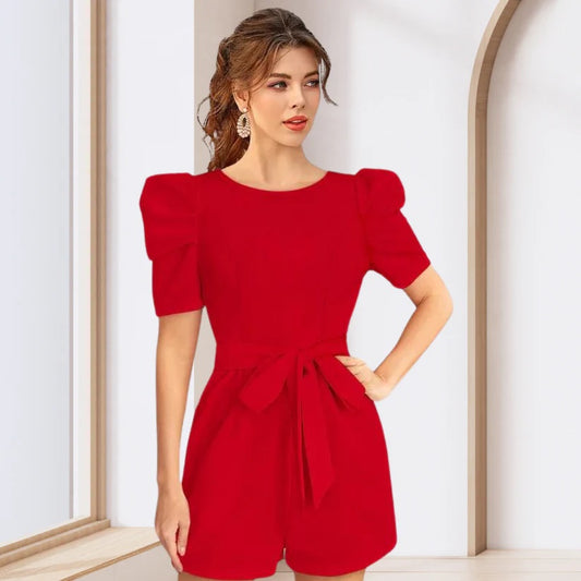 Chic Red Puff-Sleeve Tie-Waist Romper – Perfect for Trendy Day-to-Night Looks