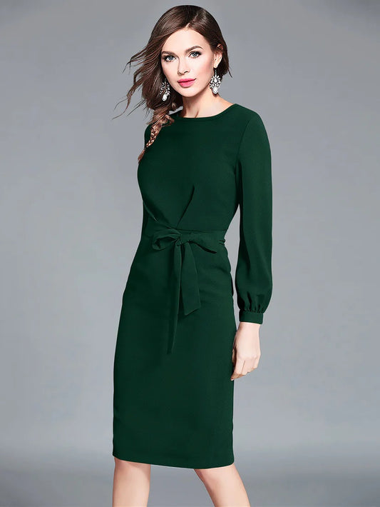 Elegant Green Bodycon Dress with Belt – Long Sleeve Knit Dress for Women