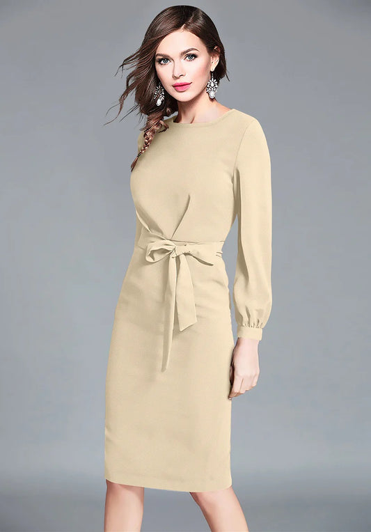 Elegant Beige Bodycon Dress with Belt – Long Sleeve Knit Dress for Women