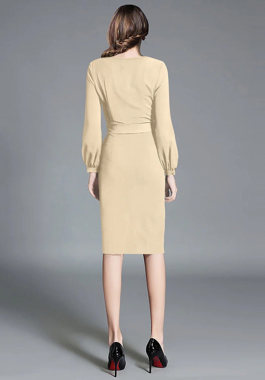 Elegant Beige Bodycon Dress with Belt – Long Sleeve Knit Dress for Women