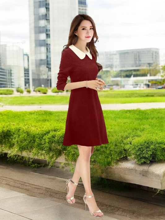 Chic Maroon A-Line Dress with Contrasting Peter Pan Collar