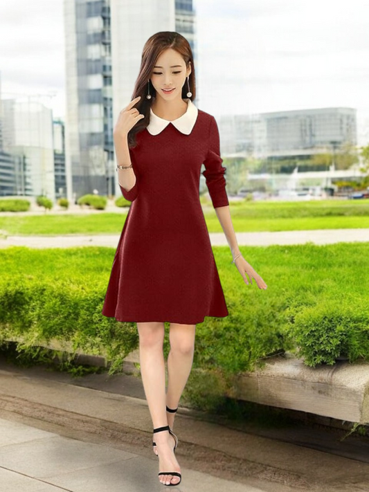 Chic Maroon A-Line Dress with Contrasting Peter Pan Collar